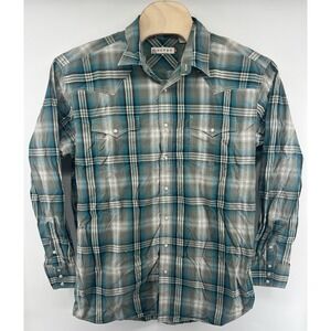 Roper Western Shirt Mens XL Tall XLT Pearl Snap Teal Gray Plaid Long Sleeved